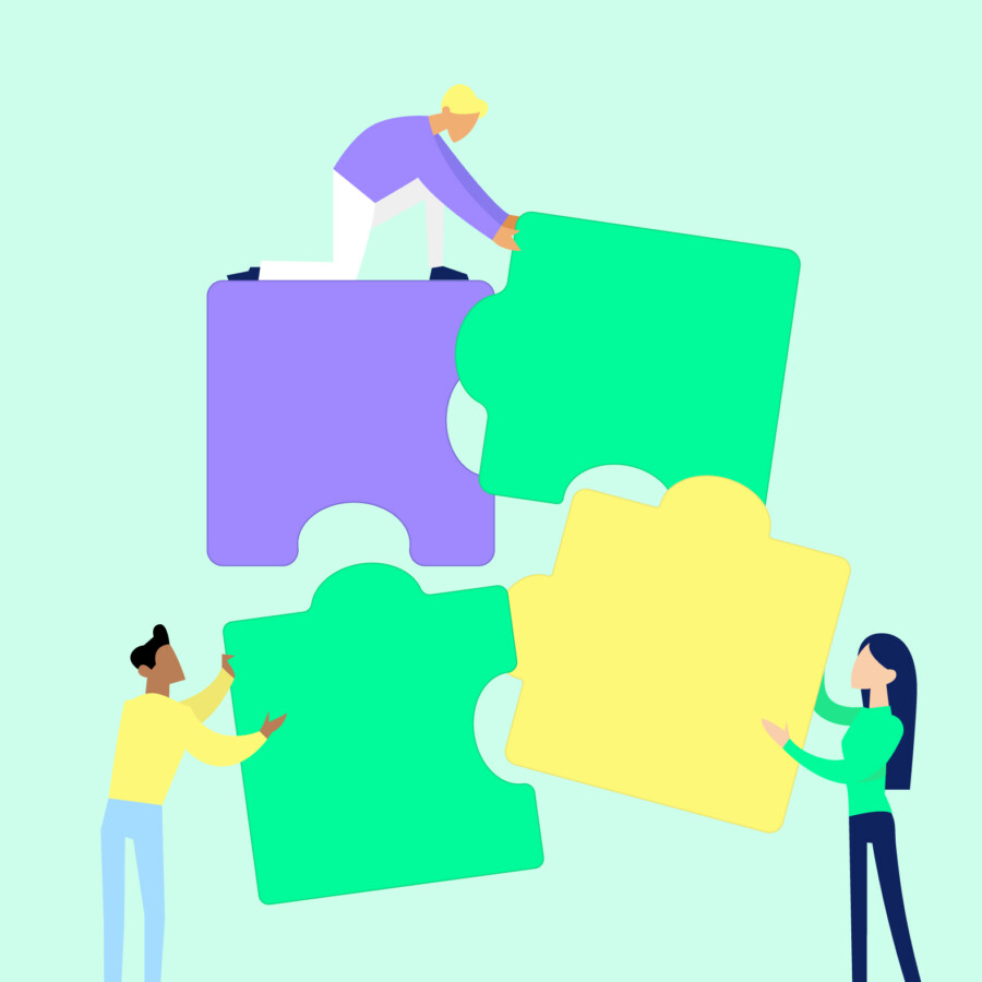 Header Digitale Barrierefreiheit Grafische Darstellung von drei Personen, welche bunte Puzzle-Teile verbinden.